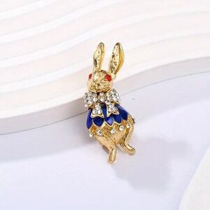 Blue Enamel‎ Gold Crystal Rhinestone Bunny Brooch Easter Peter Rabbit Pin NWT